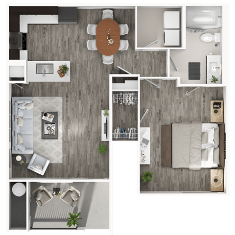 A top-down view of a living room with a couch, coffee table, and a dining area.